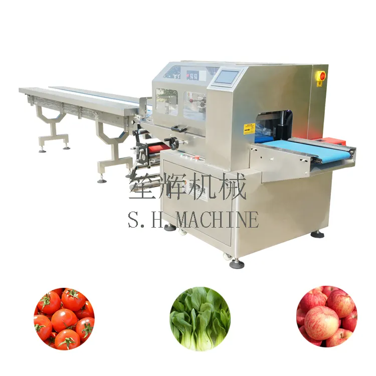 Máquina de embalagem horizontal de fluxo automático contínuo, linha de embalagem de vegetais, equipamento de embalagem de frutas