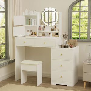 47\" Vanity Desk <b>Mirror</b> with 3-Color Lighting Cushioned Makeup Stool Adjustable Brightness <b>Dressing</b> <b>Table</b> Set in 3 Colors - Product Image 5