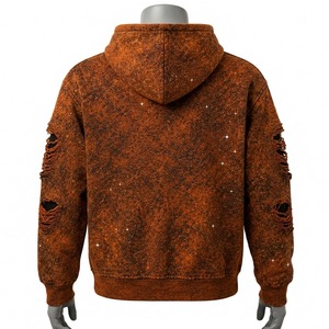 Sweat-shirt à capuche zippé court délavé et vieilli, avec manches déchirées et broderie étoile pailletée, style streetwear, unisexe - Product Image 6