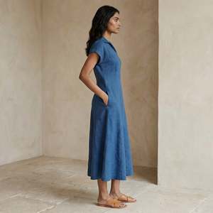 Robe midi trapèze en coton filé à la main bleu poudré pour femme, avec empiècements, en tissu léger, style moderne, coupe confortable - Product Image 2