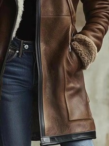 Chaqueta de piel de oveja para mujer, abrigo de piel de oveja marrón con cuello de piel, estilo aviador para invierno - Product Image 4
