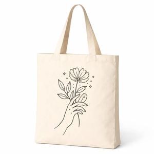 AMANI Premium 250gsm Cotton <b>Canvas</b> <b>Tote</b> Bag Minimalist Hand Flower Line Art Print Long Handle Eco Friendly Washable Reusable - Product Image 1