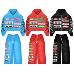 Heavyweight <b>Plus</b> <b>Size</b> Winter Men's Woven Tracksuit Custom Logo Print Acid Wash Zip-Up Hoodie and Flare Sweatpants <b>Set</b> - Product Image 1
