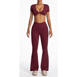 Women's High Waist <b>Flared</b> <b>Leggings</b> Breathable Seamless Spandex Fabric Deep V Neck Twist <b>Yoga</b> Workout Outfit - Product Image 1