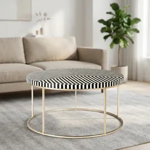 <b>Round</b> Bone Inlay Coffee <b>Table</b> with Geometric Patterned Top and <b>Gold</b> Metal Frame Modern Living Room Furniture Accent Center <b>Table</b> - Product Image 4