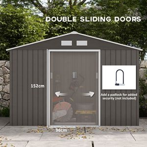Capanno di stoccaggio in metallo grigio 9x6 con fondazione 2 porte scorrevoli e 4 prese d'aria Kit di attrezzi casa per giardino e giardino all'aperto - Product Image 5