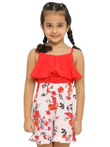Combinaison simple à imprimé floral pour filles, haut rouge, bas blanc, bretelles spaghetti, sans manches, col carré, short en coton imprimé respirant - Product Image 1