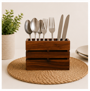 Premium Handcrafted Wooden Cutlery Holder Multi-Compartment Kitchen Utensil Organizer And Silverware <b>Caddy</b> For Dining <b>Table</b> - Product Image 5