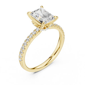 Bague de fiançailles solitaire en or jaune avec diamant de laboratoire taille radiant et bande pavée pour femme - Product Image 3