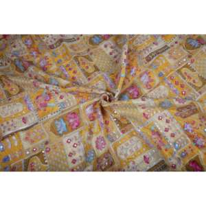 ผ้าเครปวิสโคสปักลายดอกไม้สีเหลือง ประดับด้วยดิ้นเงินและเลื่อม ความกว้าง 44 นิ้ว ขายเป็นหลา - Product Image 4