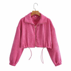 Chaqueta de lona rosa para mujer con cremallera, cuello alto, largo regular, dobladillo con cordón, abrigo de invierno - Product Image 4