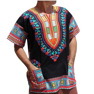 Chemises Dashiki africaines tribales de style village culturel, à col en V, avec broderie, impression et patchwork, à motifs color block, et T-shirts sublimés - Product Image 1