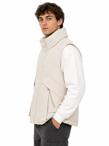 Gilet matelassé décontracté pour homme, sans manches, col montant, couleur unie, chaud et isolé, avec fermeture à boutons-pression intégrale - Product Image 2
