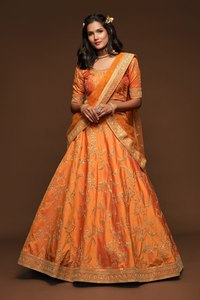 <b>Orange</b> Embroidered Wedding Lehenga Choli Art Silk <b>Saree</b> Set Bride Festival Formal Wear Rivaayat House In-Stock Items - Product Image 2