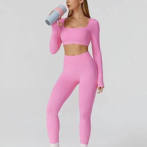 Ensembles de sport pour femmes, haut court à manches longues et dos ouvert, leggings taille haute, ensembles de survêtement pour l'entraînement, ensembles de yoga 2 pièces, tenues athlétiques - Product Image 6