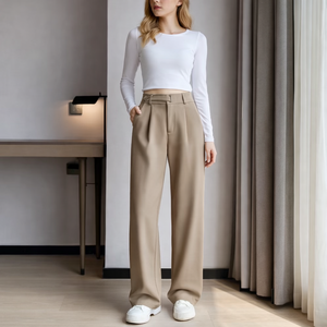 Pantalones de Pierna Recta Estilo Vintage Personalizables para Mujer, Elásticos, Holgados, Casuales, de Algodón, Versátiles para Uso Diario, Pantalones de Pierna Ancha - Product Image 1