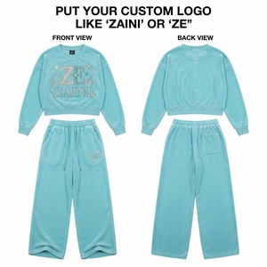 <b>Women</b> Velour Sweatsuit 280 GSM Plush Fabric Crop Sweatshirt Wide Leg Pants Custom Rhinestone Logo Soft Aqua Blue <b>Lounge</b> Set - Product Image 1