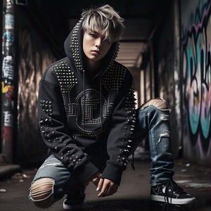 Sweats à capuche pour hommes avec coutures inversées et clous zippés personnalisés Gemstone Sun Faded Diamond Rhinestone Distressed Acid Wash sweats à capuche pour hommes - Product Image 2