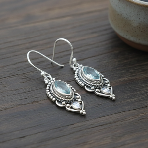 Pendientes Colgantes de Plata de Ley 925 con Topacio Azul Hechos a Mano, Joyería Tribal Vintage Boho, Chapados en Oro Rosa y Oro Amarillo, Regalo para Mujer - Product Image 4