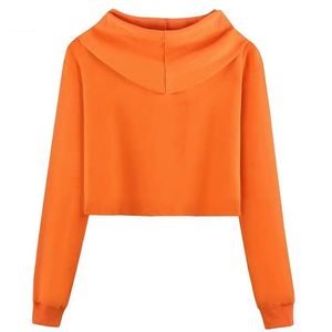 Sweat-shirt court à capuche pour femme, manches longues, couleur unie, en coton tricoté, pour l'automne - Product Image 2