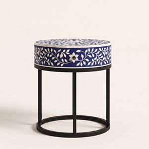 Mesita de Noche Artesanal con Incrustaciones de Hueso y Diseño Floral, Cajón con Cajónera, Mueble Indio Pulido Personalizado para Uso en Casas de Campo - Product Image 1