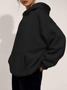 Sudadera con Capucha Extra Grande para Mujer, Color Negro, con Bolsillo, Forro Polar, Estilo Casual para Otoño - Product Image 4