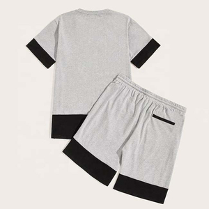 Men's Gray Cotton T-Shirt And Shorts <b>Set</b> Crew Neck Color Blocking Casual Summer Wear Breathable <b>Knitted</b> Fabric - Product Image 4