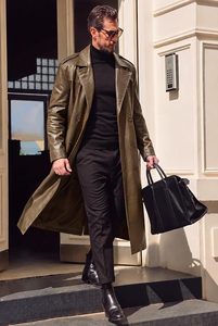 <b>Men</b> Genuine Leather <b>Long</b> Trench <b>Coat</b> Double Breasted Notched Lapel Overcoat With Pockets Regular Fit - Product Image 5