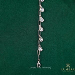 Statement Pear Cut Diamond Charm Bracelet With Lab Grown Stones Suspended Along Open Basket Settings <b>Solid</b> <b>Gold</b> Paperclip Chain - Product Image 2