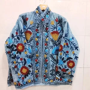 Chaqueta Étnica Azul Cielo de Algodón para Mujer con Bordado Floral Detallado, Prenda Exterior Tradicional Boho - Product Image 1