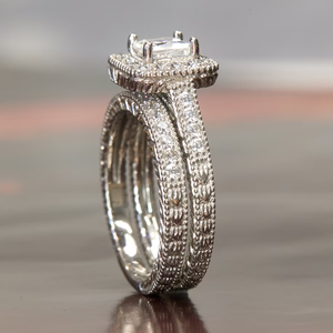 Square Halo Moissanite Diamond <b>Ring</b> <b>Set</b> Women Cubic <b>Silver</b> Wedding Engagement Band Gold Plated Jewelry - Product Image 3
