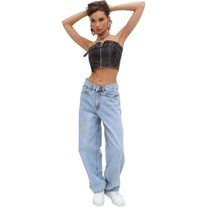 Jeans de mezclilla de pierna ancha y corte relajado para mujer, estilo casual de cintura alta - Product Image 1