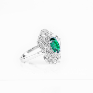 Women's 18K <b>Gold</b> Emerald Cut Green Gemstone <b>Cocktail</b> <b>Ring</b> Flower Design Pave Diamond Halo Luxury Engagement Jewelry - Product Image 2