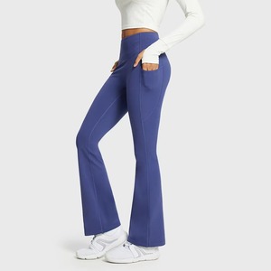 Pantalones de Mujer con Cintura Alta Elástica, Corte Acampanado, Bolsillos, Color Sólido, Tejido Elástico, Secado Rápido, Casuales, Largos, Azules, Spandex, Poliéster - Product Image 4