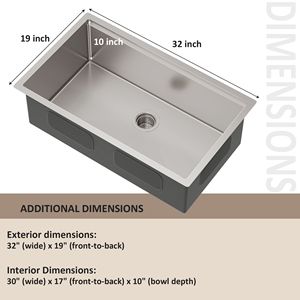Lavello da Cucina Artigianale 32 x 19 Pollici, Vasca Singola Grande in Acciaio Inox SUS304 Calibro 16, Installazione Sottotop, con Rubinetto - Product Image 2