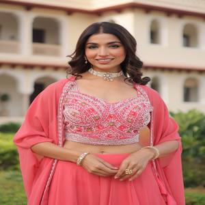 VASTRA COTTAGE Lehenga en Faux Georgette Entièrement Cousu avec Broderie de Perles et Fil, Blouse, Shrug, Koti, Doublure en Coton, Tenue Ethnique Élégante - Product Image 2