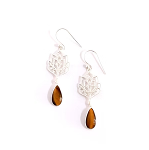 Minimalist Lotus Motifs Tiger Eye <b>Dangle</b> <b>Earrings</b> 925 <b>Silver</b> - Lightweight Daily Wear Jewelry Wholesale - Product Image 3
