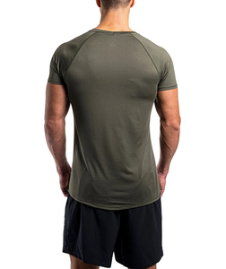T-shirt de sport pour homme, vert olive, col en V, séchage rapide, manches courtes, coupe ajustée, tricoté en polyester, couleur unie, pour le fitness - Product Image 3