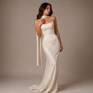 Vestido de Novia de Lujo en Satén, Estilo Moderno Vintage, Corte en A, Corsé, Cuello con Bufanda, Cordones, Largo hasta el Tobillo, Bordado, Personalizado OEM - Product Image 2