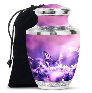 Urna Funeraria de Metal Grabada a Mano con Mariposa Morada y Paisaje de Flores Primaverales, Recipiente para Cenizas de Adultos - Product Image 1