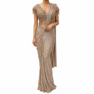 Sari de créateur en Georgette de Champagne, orné de sequins et de perles, avec franges, longueur ras du sol, élégant, pour mariage, bal de promo, soirée, pour femme - Product Image 1