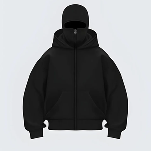 Sweat-shirt unisexe oversize noir à capuche zippé en polaire, style streetwear décontracté pour l'hiver, couleur unie, tricoté anti-boulochage, logo personnalisé - Product Image 1