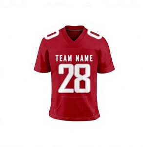 Maillot de football américain rouge personnalisé pour homme, col en V, manches courtes, impression par sublimation, nom de l'équipe, 28, polyester respirant, coupe régulière pour adulte - Product Image 1