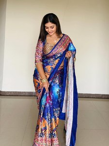 Sari de Seda Estampado Azul de Última Moda para Mujer, Estampado Digital, Largo hasta el Suelo, Ropa Tradicional India Formal para Fiesta - Product Image 4