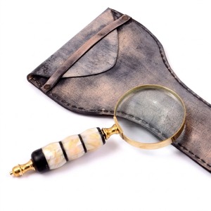 Mother of Pearl Leather Wrapped Brass Magnifying Glass Vintage <b>Nautical</b> <b>Decor</b> Handheld Magnifier Antique Optical Instrument - Product Image 1