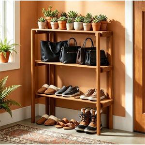 Espositore Portatile a 3 Livelli in Legno Naturale con Design a Doghe per Drenaggio, Organizzatore per Scarpe e Piante da Interno ed Esterno - Product Image 4