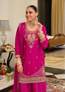 Ensemble Salwar Kameez en velours tissé rouge brodé pour femmes, tenue ethnique d'été, Dupatta, tenue de fête traditionnelle longueur genou - Product Image 2
