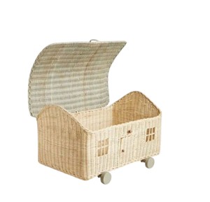 Panier de rangement en rotin tressé avec couvercle - Coffre décoratif fait main en forme de caravane pour organiser les jouets sur roulettes - Product Image 3