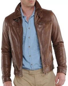 <b>Men's</b> Red PU Leather Eco-friendly Casual Moto Jacket Slim Fit <b>Turtleneck</b> Collar Zipper Closure Regular Sleeve Solid Color Winter - Product Image 2