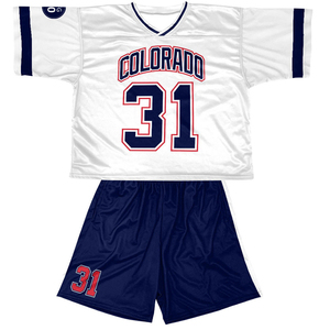 Sublimated Team Lacrosse Uniform Pack Navy Orange Striped Jersey Matching Shorts High Quality Mens Game Day Gear - Product Image 4